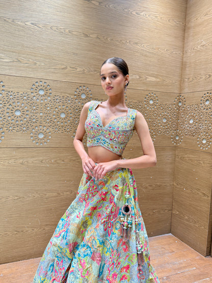 Pastel Bloom Embroidered Lehenga Set with Net Dupatta