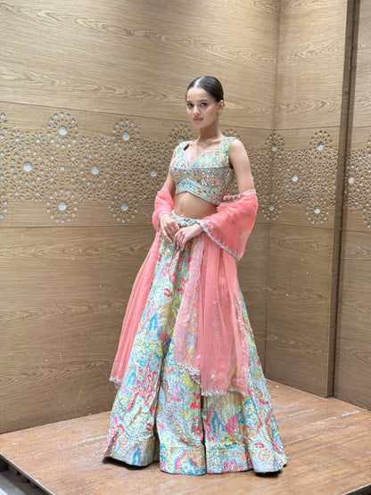 Pastel Bloom Embroidered Lehenga Set with Net Dupatta