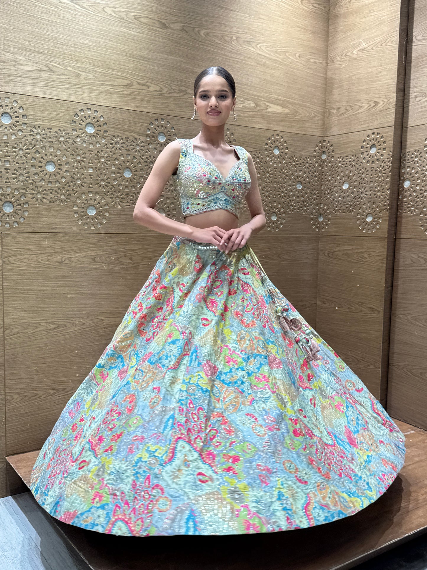Pastel Bloom Embroidered Lehenga Set with Net Dupatta