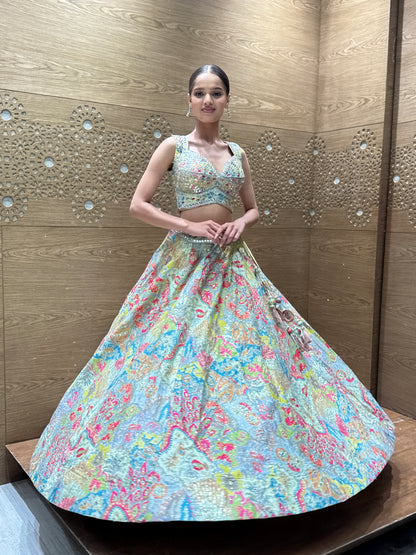 Pastel Bloom Embroidered Lehenga Set with Net Dupatta