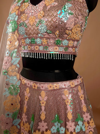 Pastel Floral Embroidered Net Lehenga Set