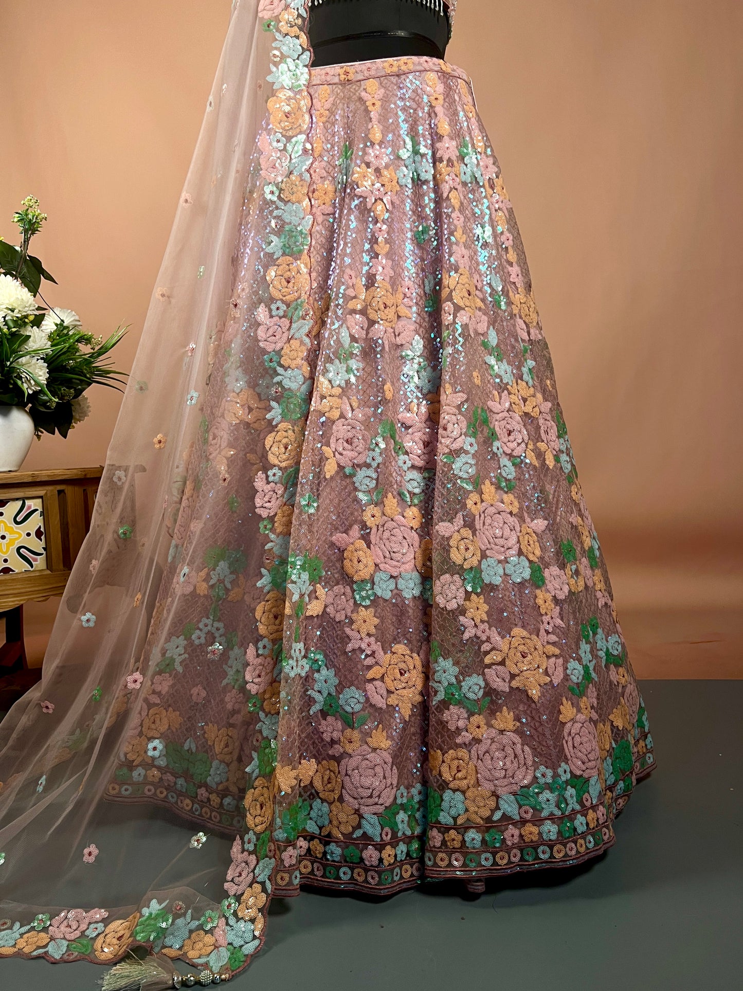 Pastel Floral Embroidered Net Lehenga Set