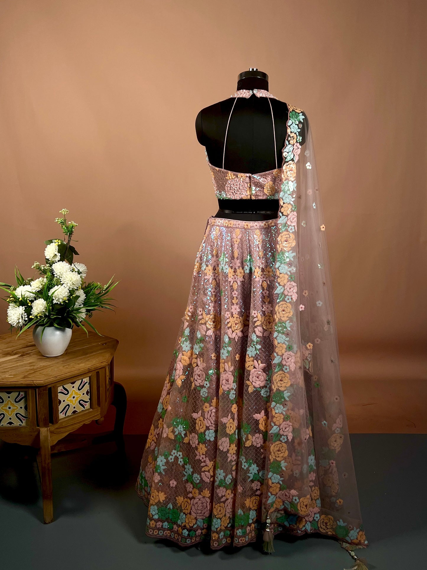 Pastel Floral Embroidered Net Lehenga Set