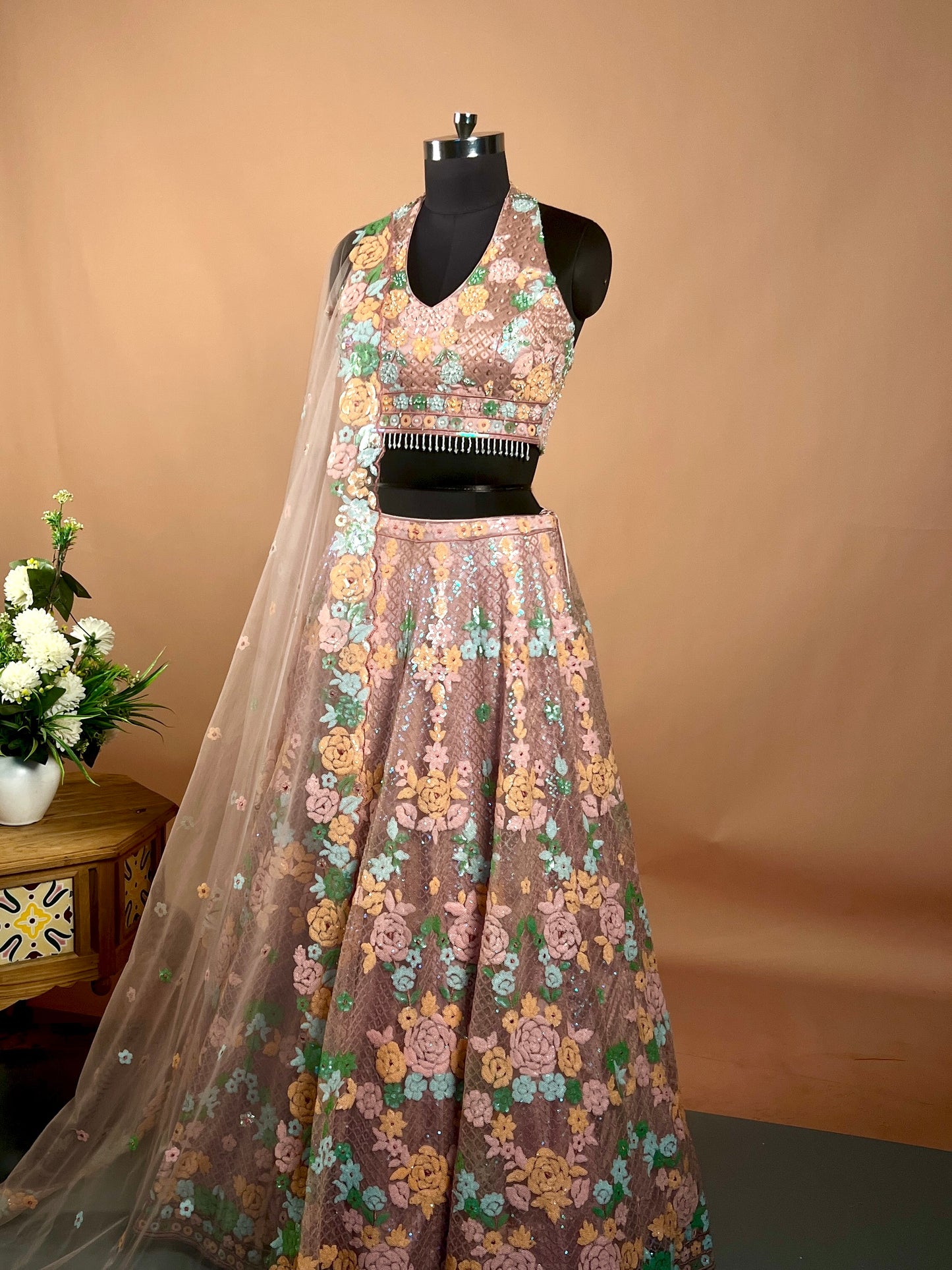 Pastel Floral Embroidered Net Lehenga Set