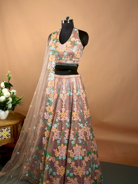 Pastel Floral Embroidered Net Lehenga Set