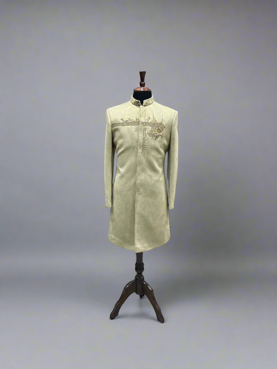 Pastel Green Suede Sherwani with Hand Embroidered Shoulder Motif