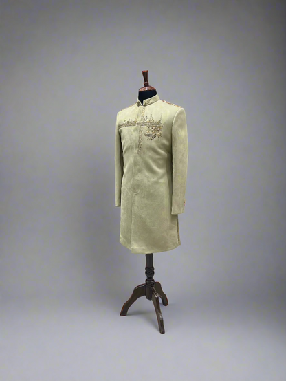 Pastel Green Suede Sherwani with Hand Embroidered Shoulder Motif