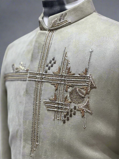 Pastel Green Suede Sherwani with Hand Embroidered Shoulder Motif