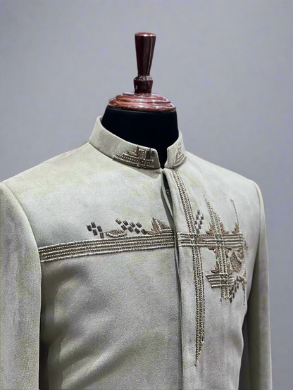 Pastel Green Suede Sherwani with Hand Embroidered Shoulder Motif