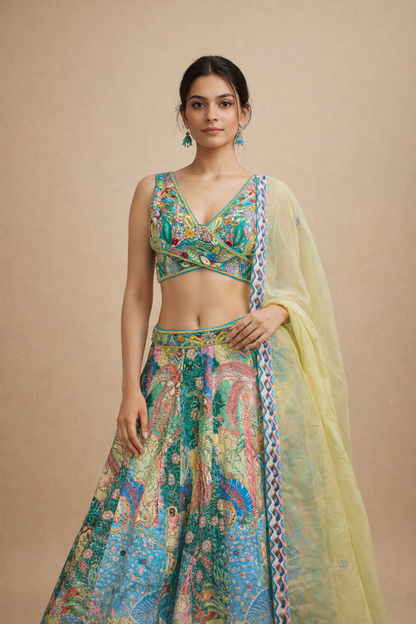 Pastel Green and Multicolor Artistic Print Lehenga with Embroidered Blouse