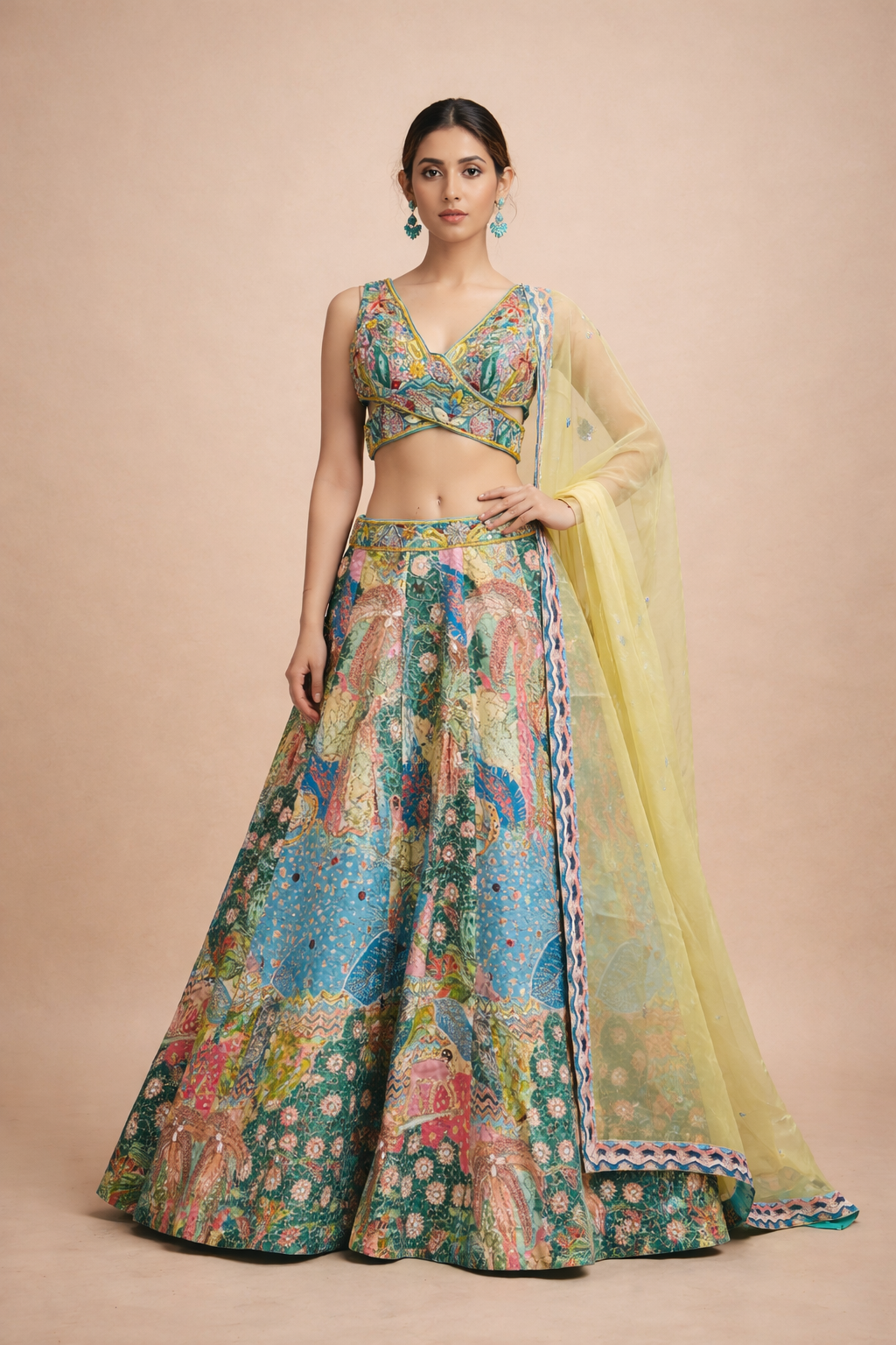 Pastel Green and Multicolor Artistic Print Lehenga with Embroidered Blouse