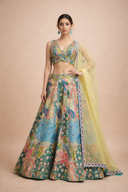 Pastel Green and Multicolor Artistic Print Lehenga with Embroidered Blouse