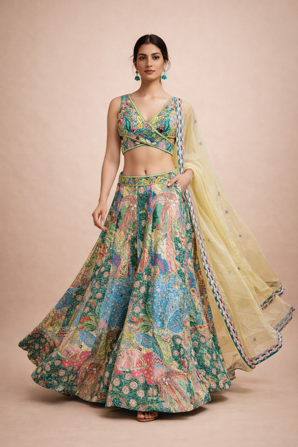 Pastel Green and Multicolor Artistic Print Lehenga with Embroidered Blouse