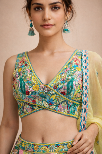 Pastel Green and Multicolor Artistic Print Lehenga with Embroidered Blouse