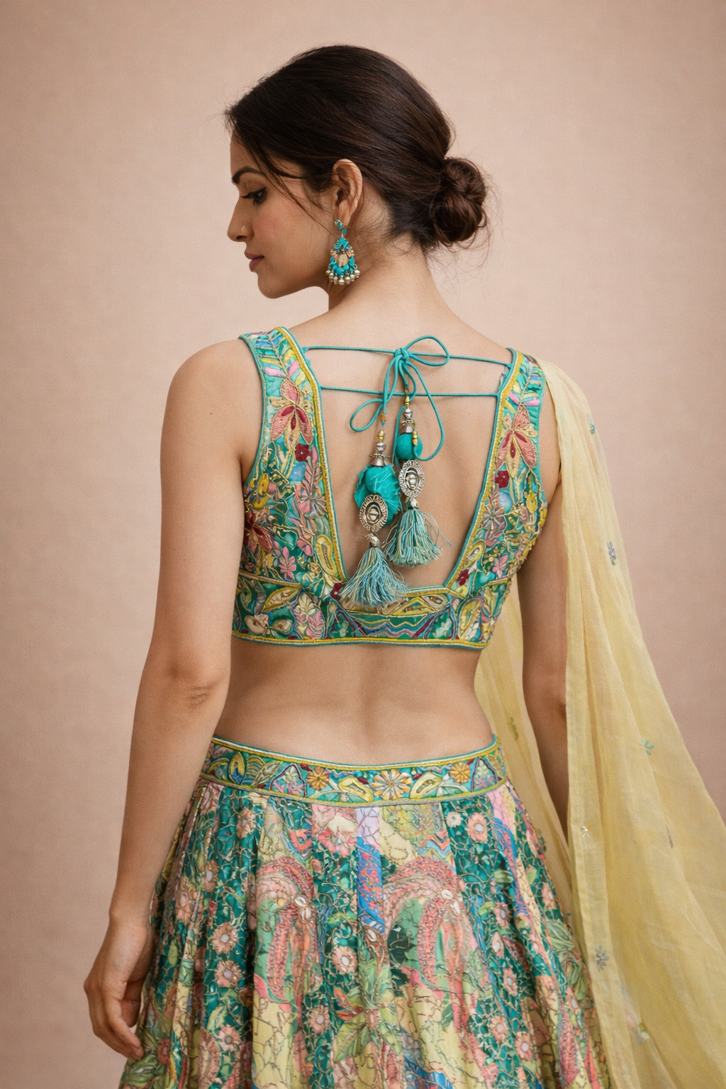Pastel Green and Multicolor Artistic Print Lehenga with Embroidered Blouse