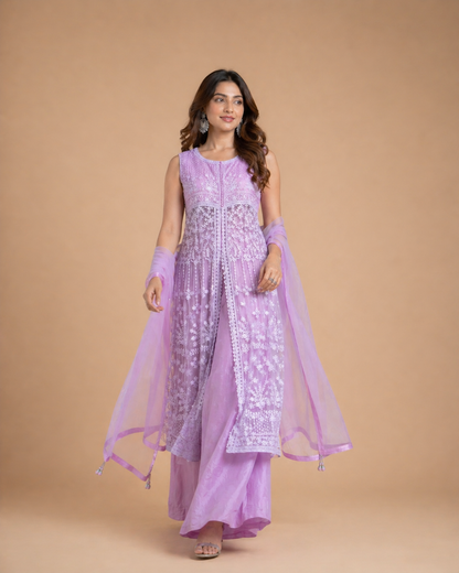 Pastel Pink Embroidered Anarkali Kurti Set with White Floral Threadwork