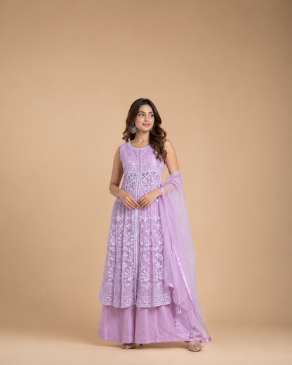 Pastel Pink Embroidered Anarkali Kurti Set with White Floral Threadwork