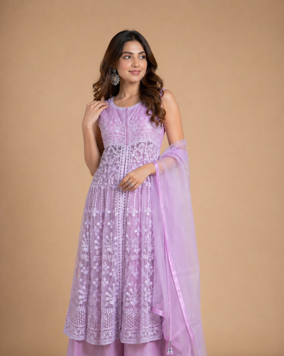 Pastel Pink Embroidered Anarkali Kurti Set with White Floral Threadwork