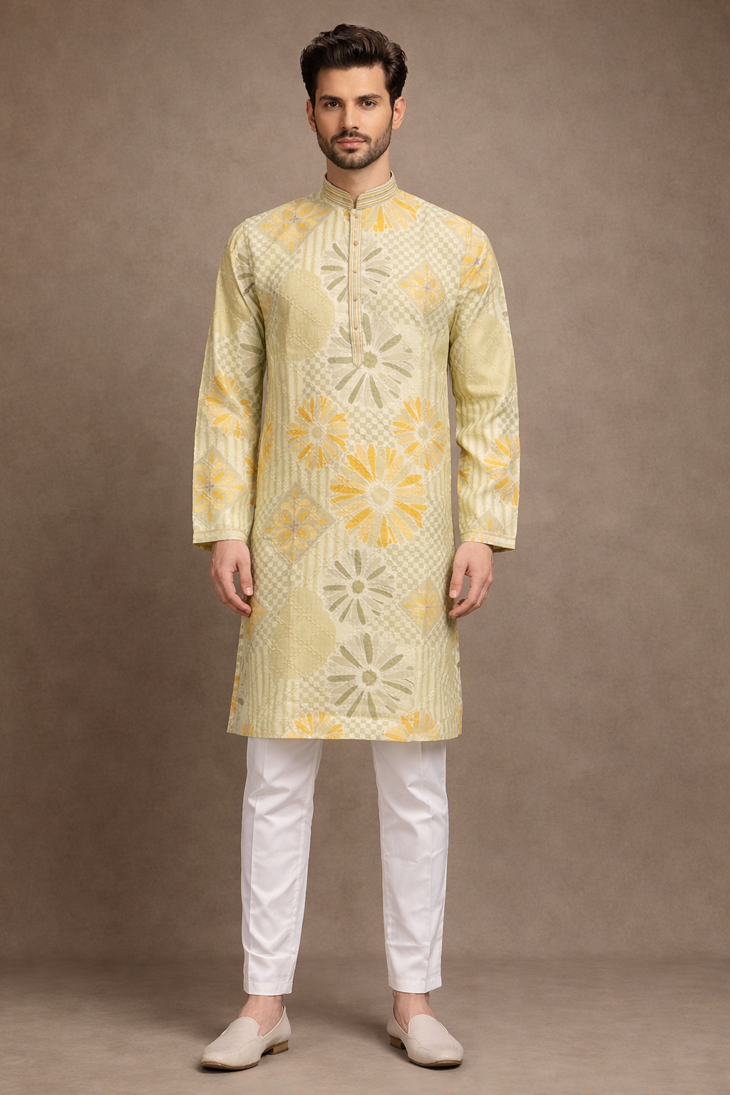 Pastel Lemon Yellow Floral Jacquard Kurta Set