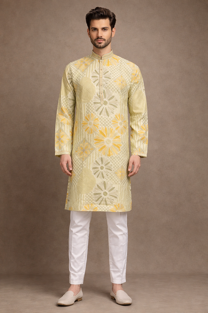 Pastel Lemon Yellow Floral Jacquard Kurta Set