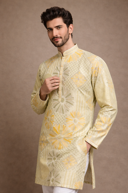 Pastel Lemon Yellow Floral Jacquard Kurta Set