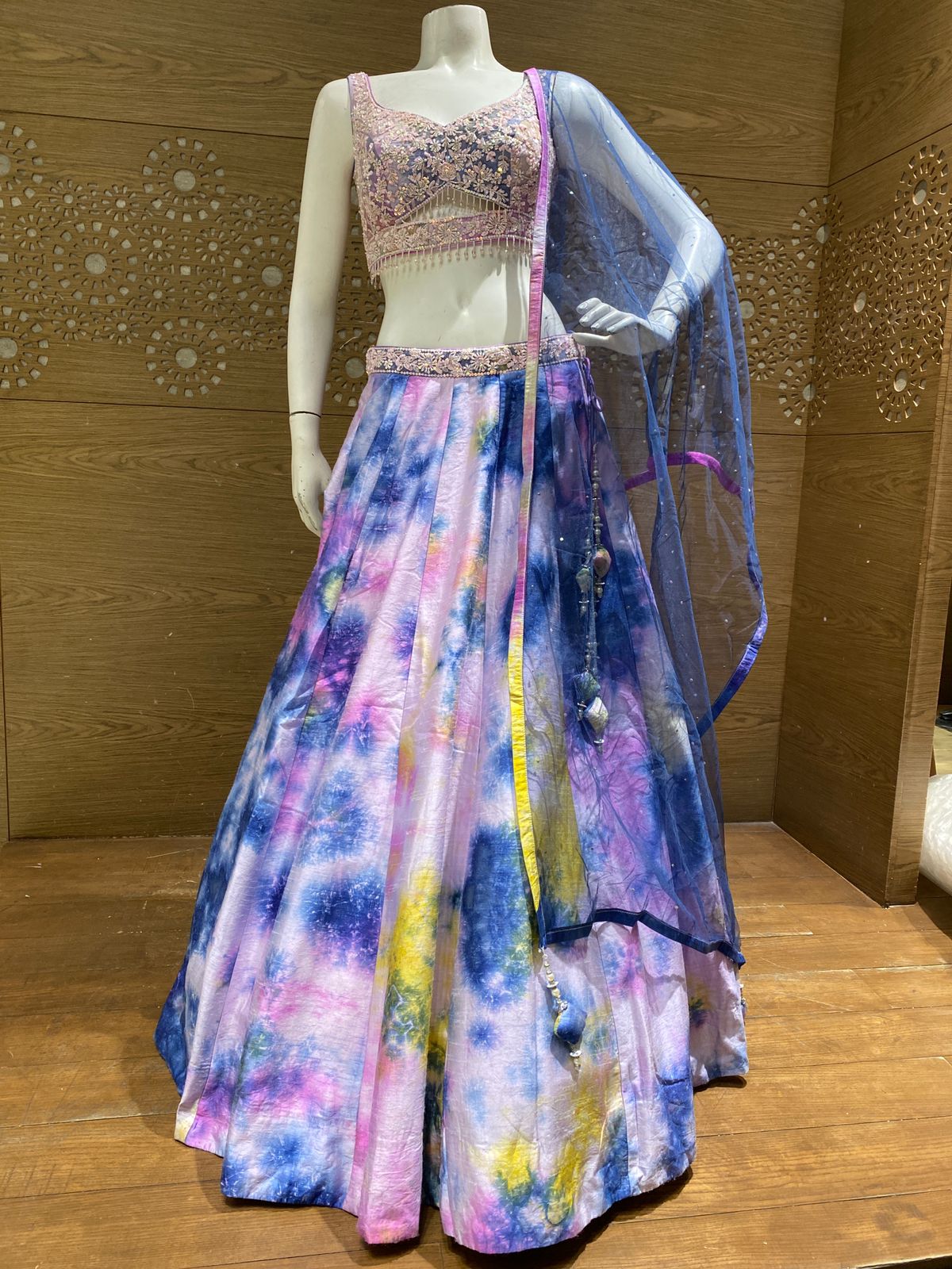 Pastel Lilac and Multicolor Tie-Dye Lehenga Choli with Floral Embroidery