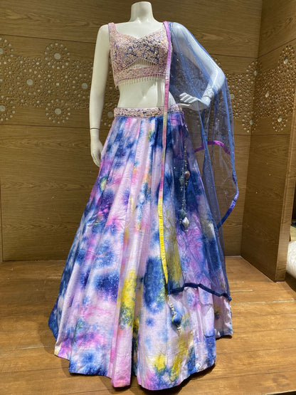 Pastel Lilac and Multicolor Tie-Dye Lehenga Choli with Floral Embroidery