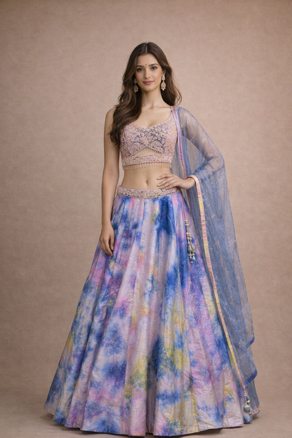 Pastel Lilac and Multicolor Tie-Dye Lehenga Choli with Floral Embroidery