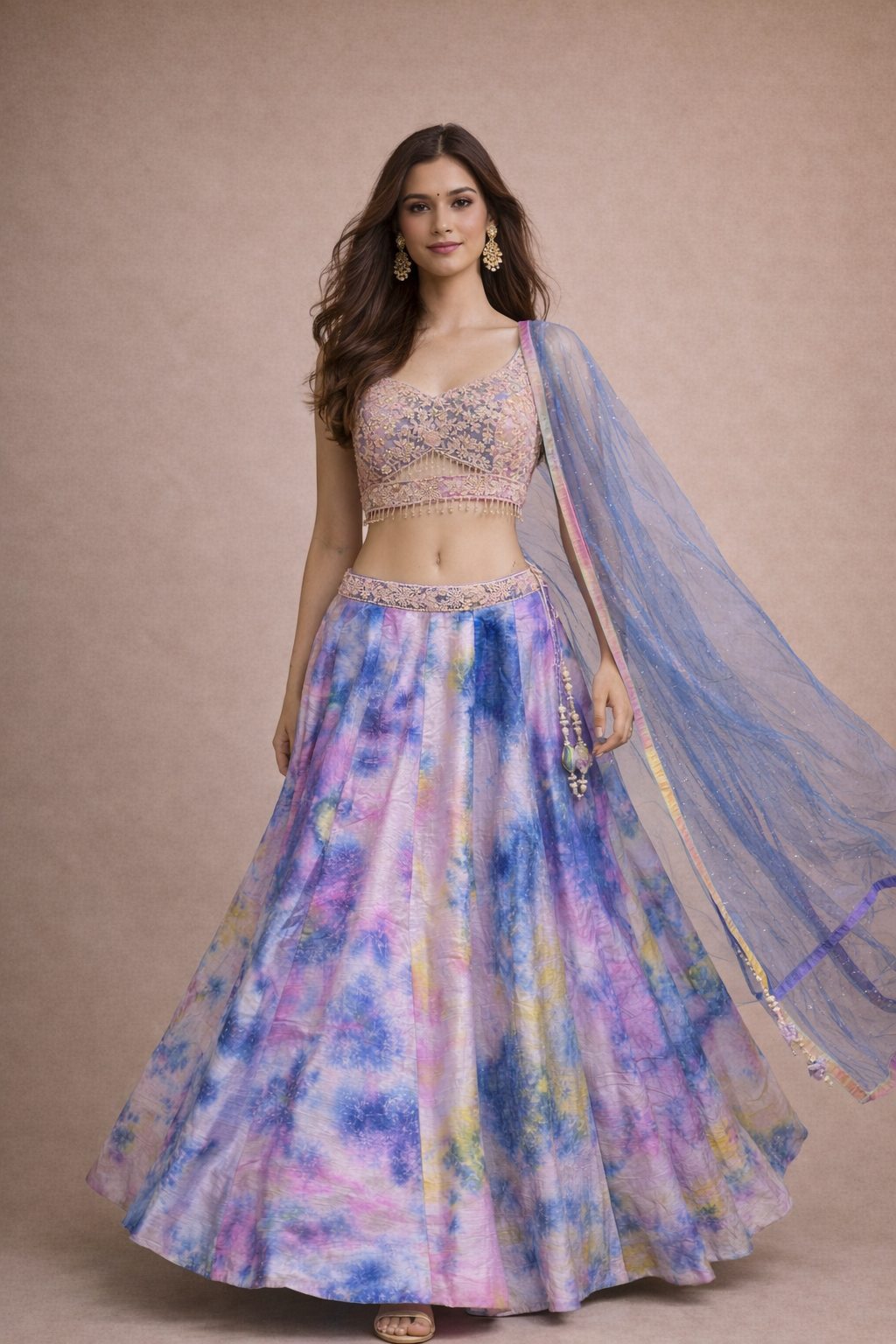 Pastel Lilac and Multicolor Tie-Dye Lehenga Choli with Floral Embroidery
