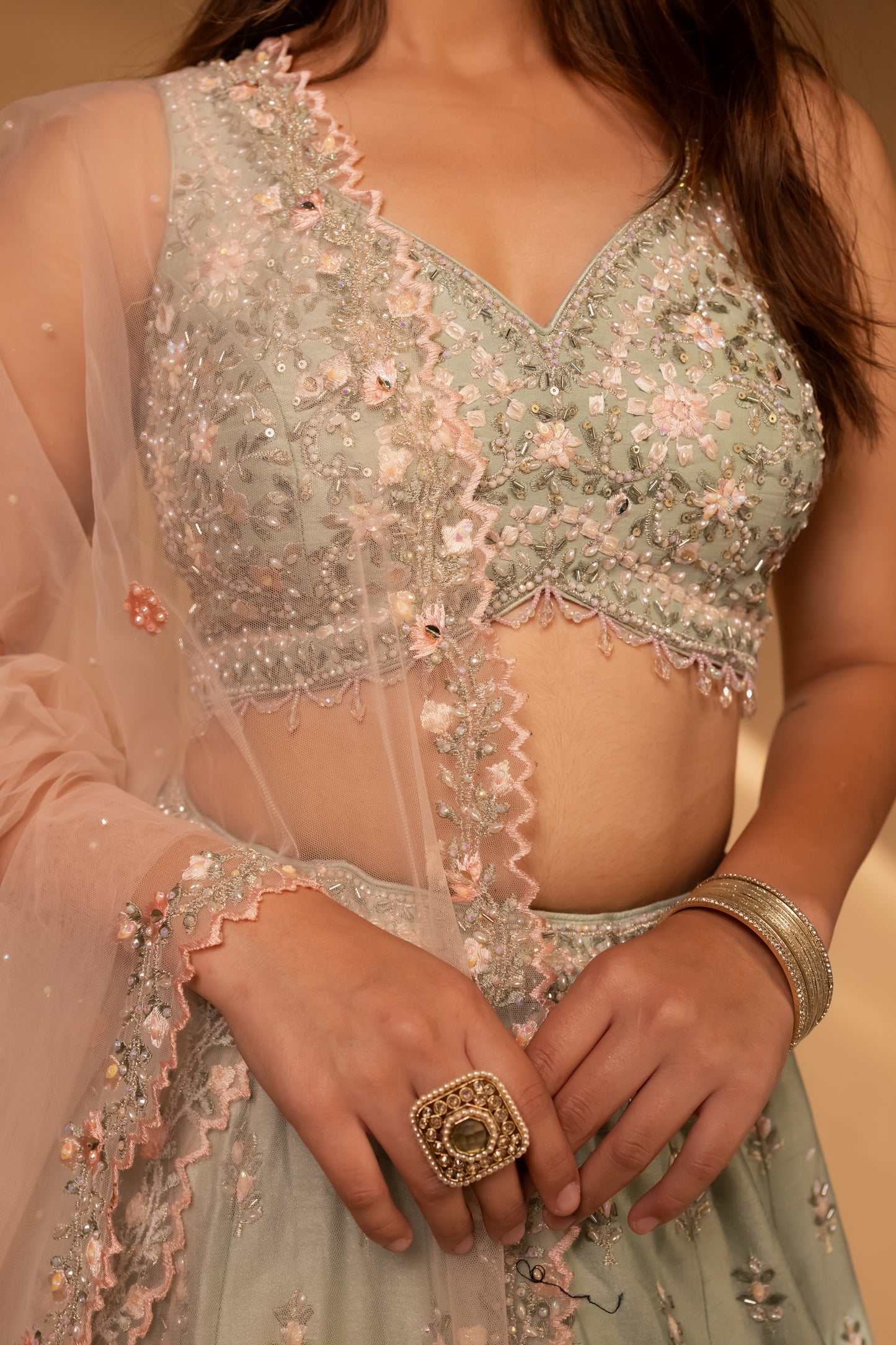 Pastel Mint Embroidered Lehenga Choli with Blush Pink Dupatta