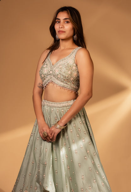Pastel Mint Embroidered Lehenga Choli with Blush Pink Dupatta