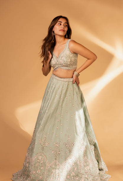 Pastel Mint Embroidered Lehenga Choli with Blush Pink Dupatta