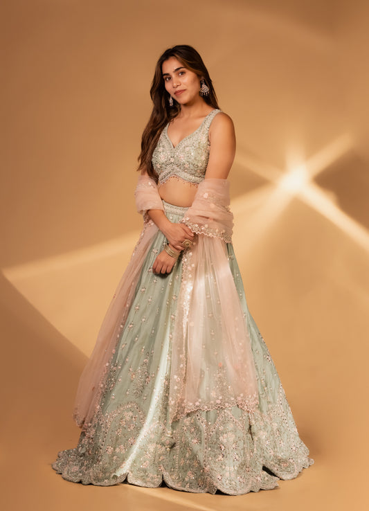 Pastel Mint Embroidered Lehenga Choli with Blush Pink Dupatta