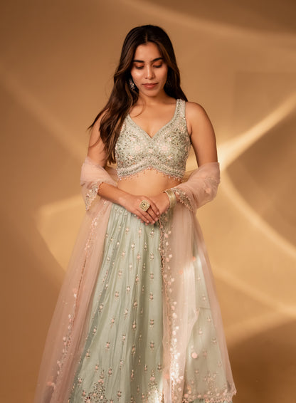 Pastel Mint Embroidered Lehenga Choli with Blush Pink Dupatta