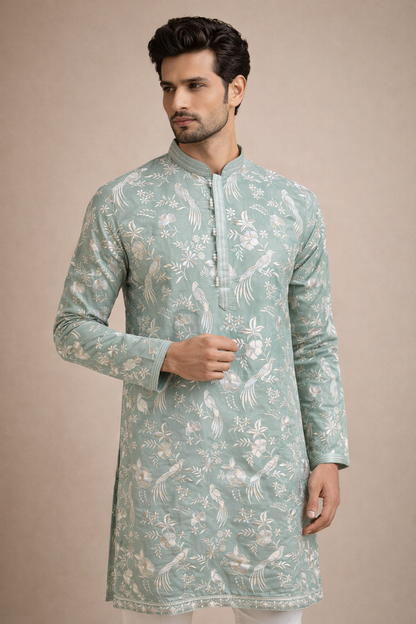 Pastel Mint Green Bird & Floral Embroidered Kurta Set