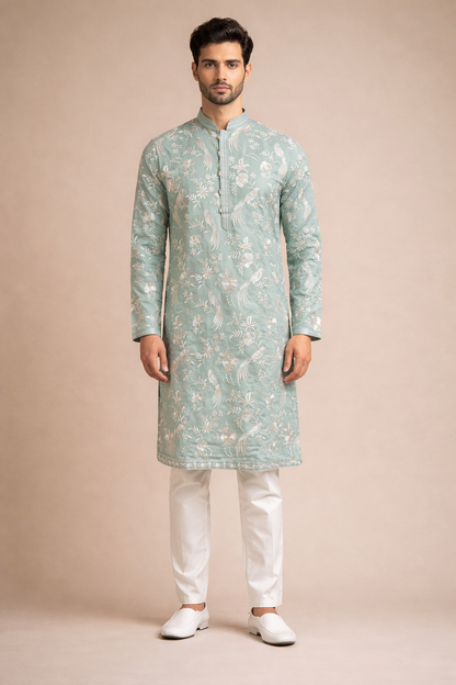 Pastel Mint Green Bird & Floral Embroidered Kurta Set
