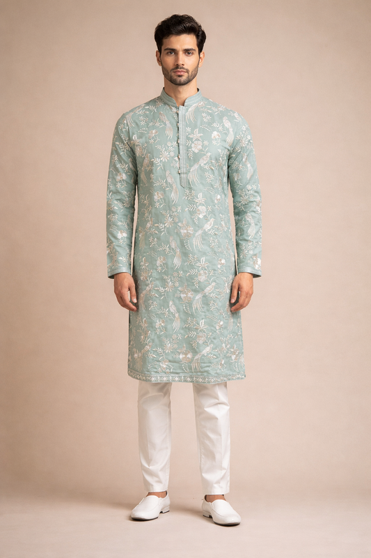 Pastel Mint Green Bird & Floral Embroidered Kurta Set
