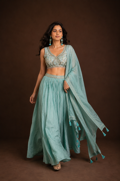 Pastel Mint Green Embroidered Lehenga Choli with Mirror Work