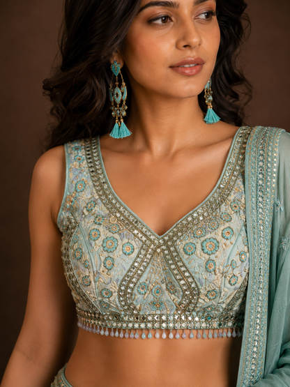 Pastel Mint Green Embroidered Lehenga Choli with Mirror Work