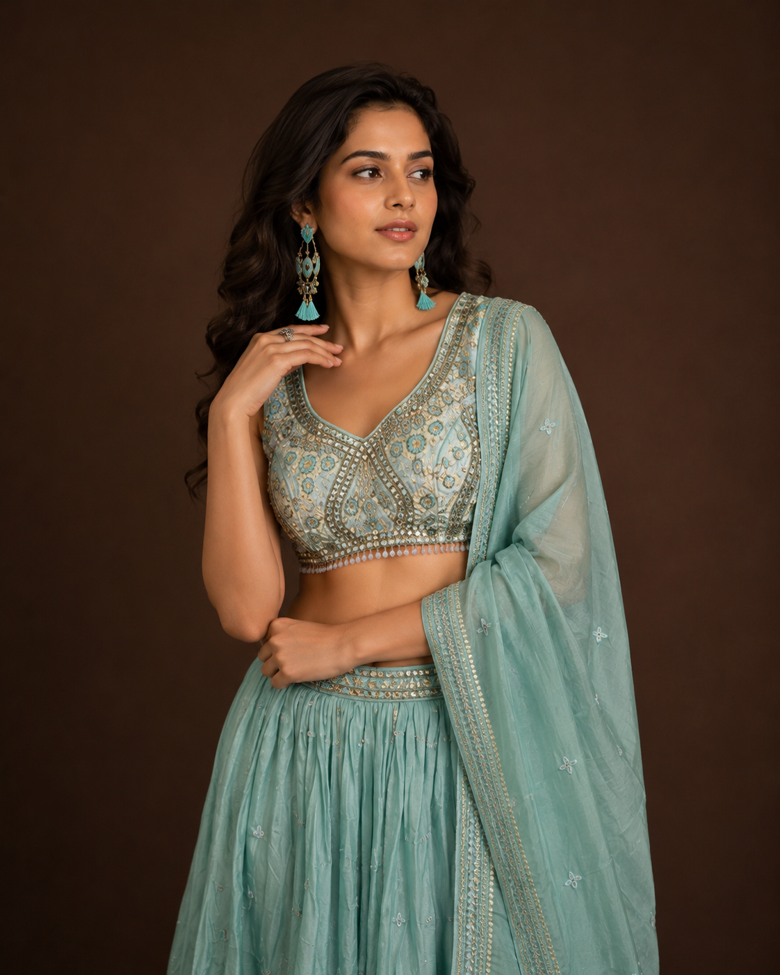 Pastel Mint Green Embroidered Lehenga Choli with Mirror Work