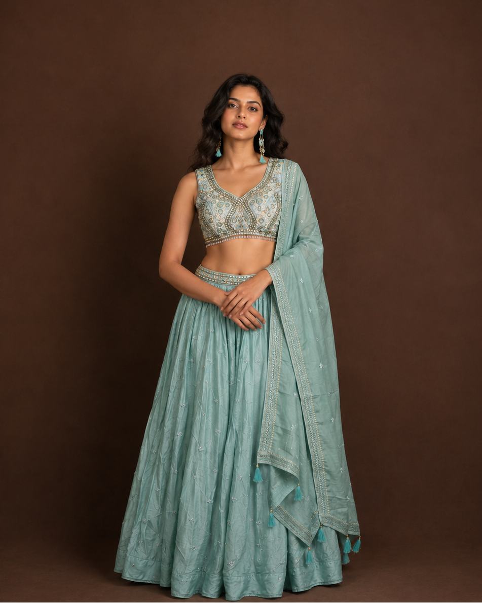 Pastel Mint Green Embroidered Lehenga Choli with Mirror Work