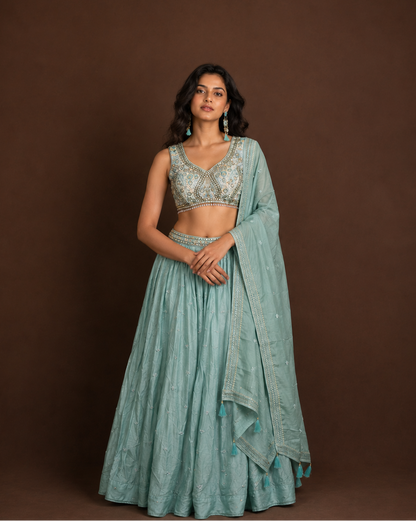 Pastel Mint Green Embroidered Lehenga Choli with Mirror Work