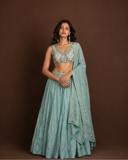 Pastel Mint Green Embroidered Lehenga Choli with Mirror Work