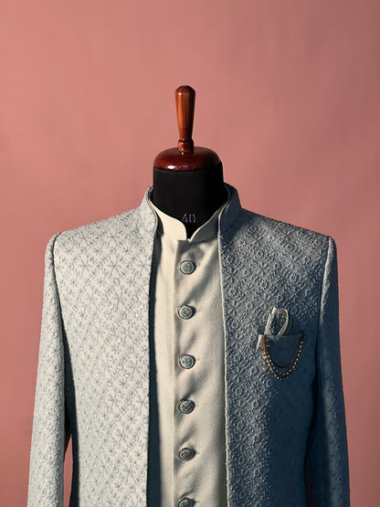 Pastel Mint Textured Indo-Western with Layered Kurta and Brooch Detail