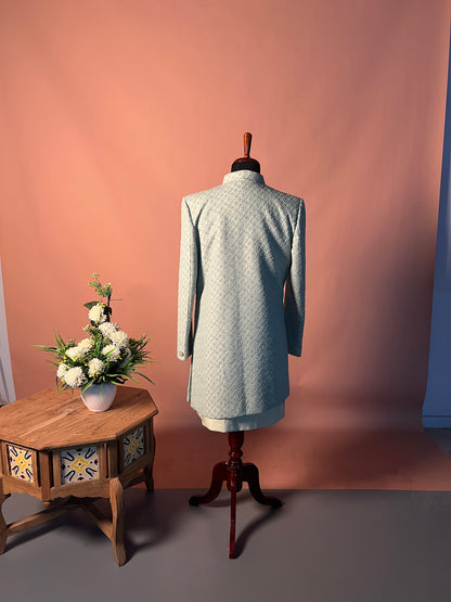 Pastel Mint Textured Indo-Western with Layered Kurta and Brooch Detail
