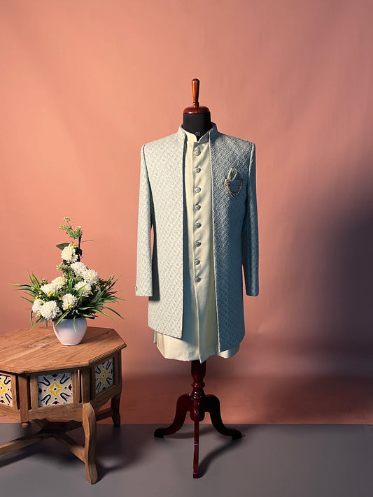 Pastel Mint Textured Indo-Western with Layered Kurta and Brooch Detail
