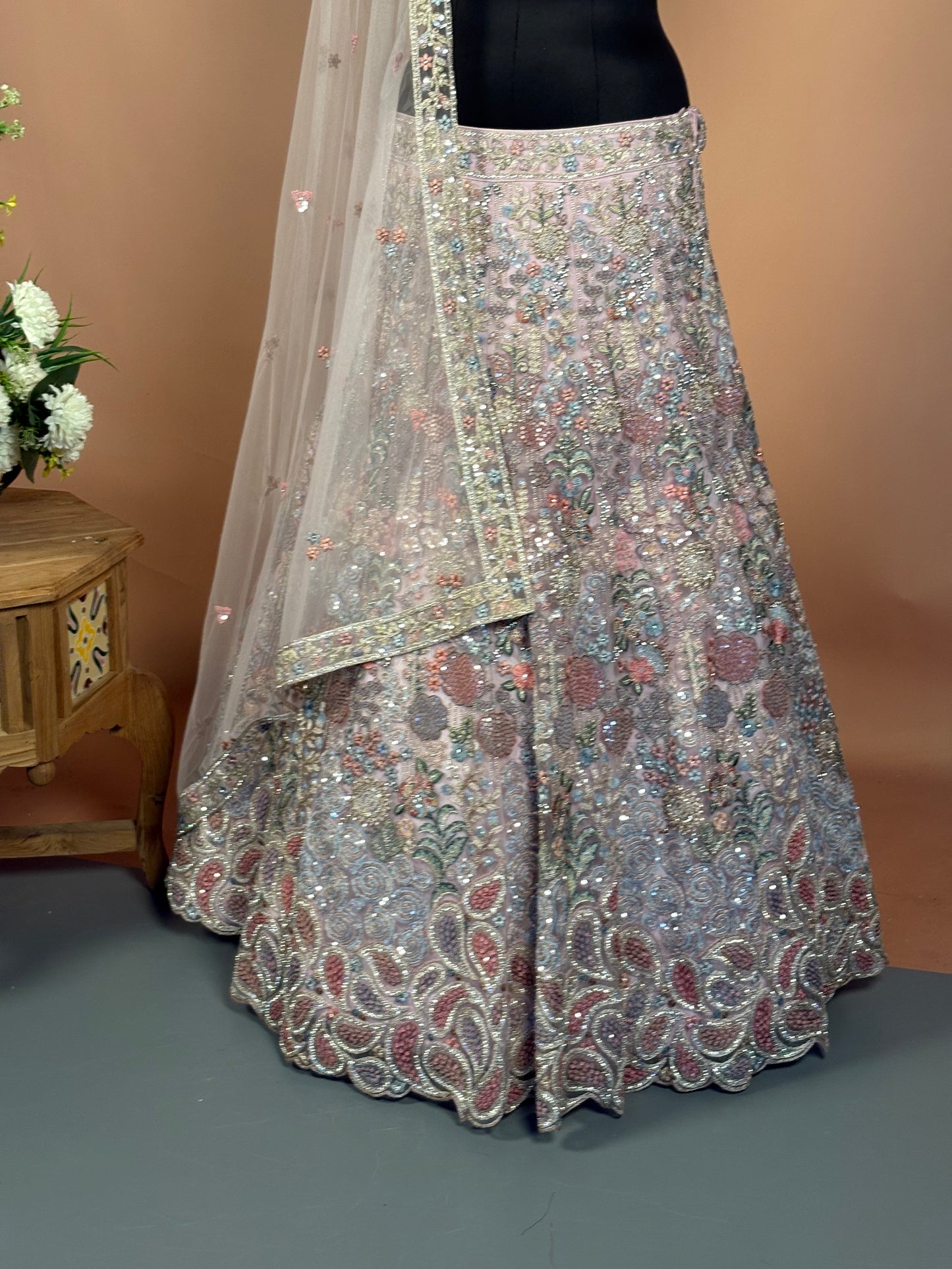 Pastel Multicolor Heavy Embroidered Bridal Lehenga Set