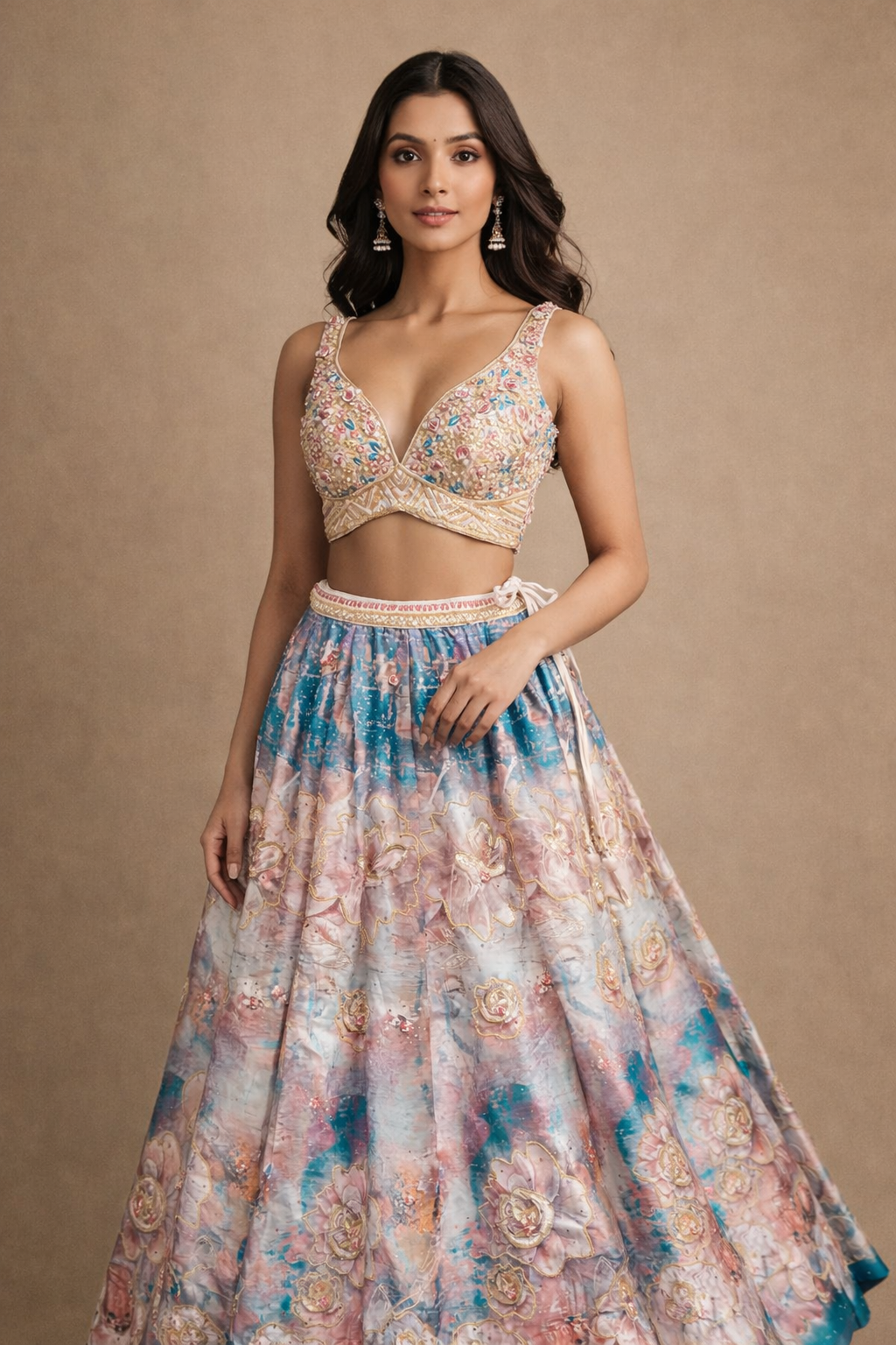 Pastel Pink & Teal Floral Printed Lehenga with Multicolor Hand