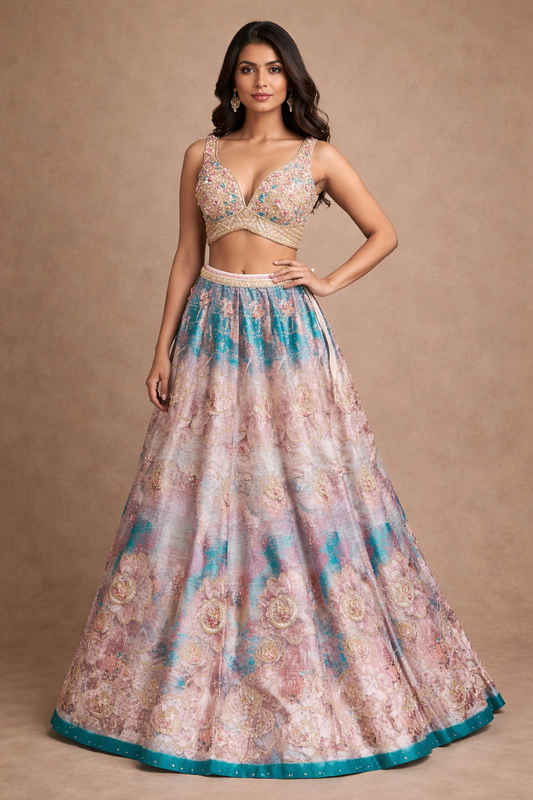 Pastel Pink & Teal Floral Printed Lehenga with Multicolor Hand