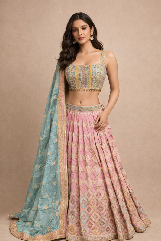 Pastel Pink and Aqua Blue Embroidered Designer Lehenga Choli with Dupatta